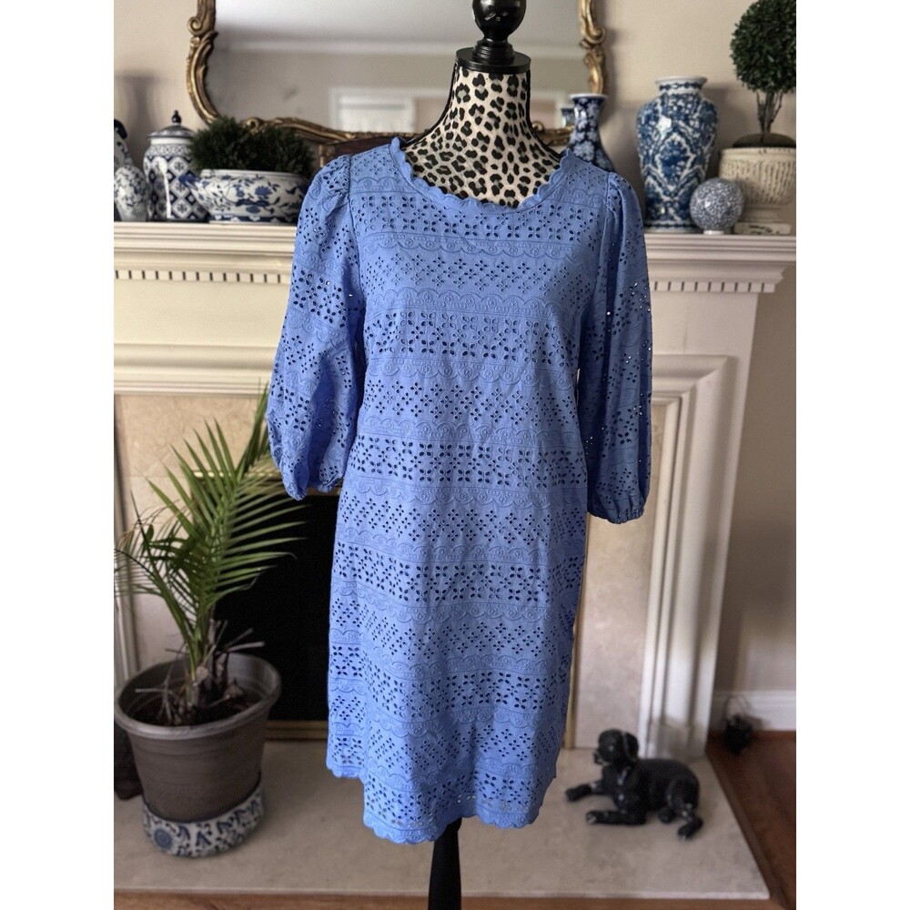 Talbot Blue Dress Eyelet 14P Shift Bell 3/4 Sleeves Preppy Wedding Graduation